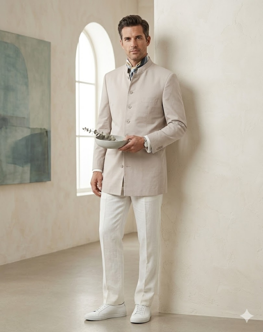 Custom Made Mandarin Collar Long Coat Tan Khaki Structured Minimalist Waistcoat